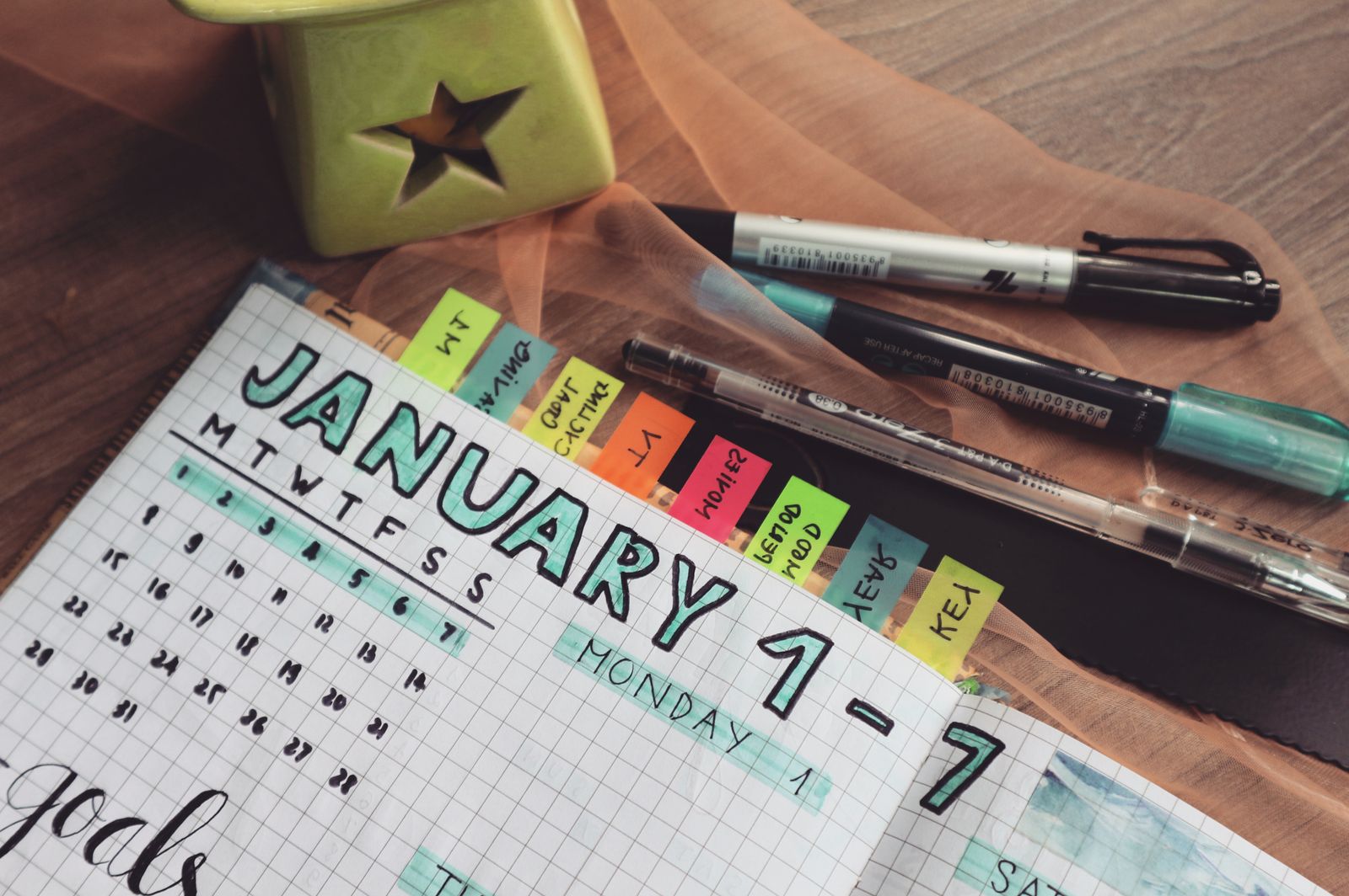 A desk workspace showing a written goal card with specific metrics, a weekly tracking chart with leading indicators marked in blue and lagging outcomes in green, and a calendar with quarterly review dates highlighted—visual metaphor for the structured system that transforms vague ambition into measurable progress.