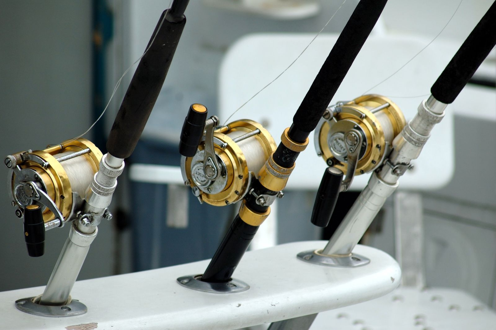 Close-up technical diagram showing rod-reel assembly with labeled components: reel seat tightened against guide alignment, line threaded through stripper guide and running guides, drag adjustment knob at spool front, and reel handle positioned in shooting hand's grip zone. Inset diagrams show improved clinch knot steps (5 wraps, eye-loop thread-through, secondary loop finish) and Carolina rig component stack (sinker, bead, swivel, leader, hook) from top to bottom.